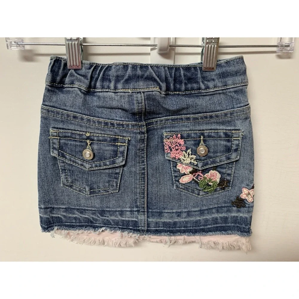 Hannah Banana Girls Denim Mini Skirt Floral Embroidered Pink Fringe 3T H2974
